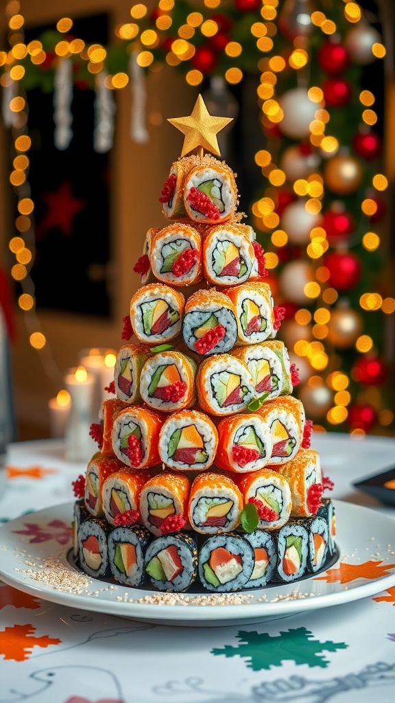 Festive sushi Christmas tree made of colorful sushi rolls, garnished with fish roe and sesame seeds, on a decorated table.